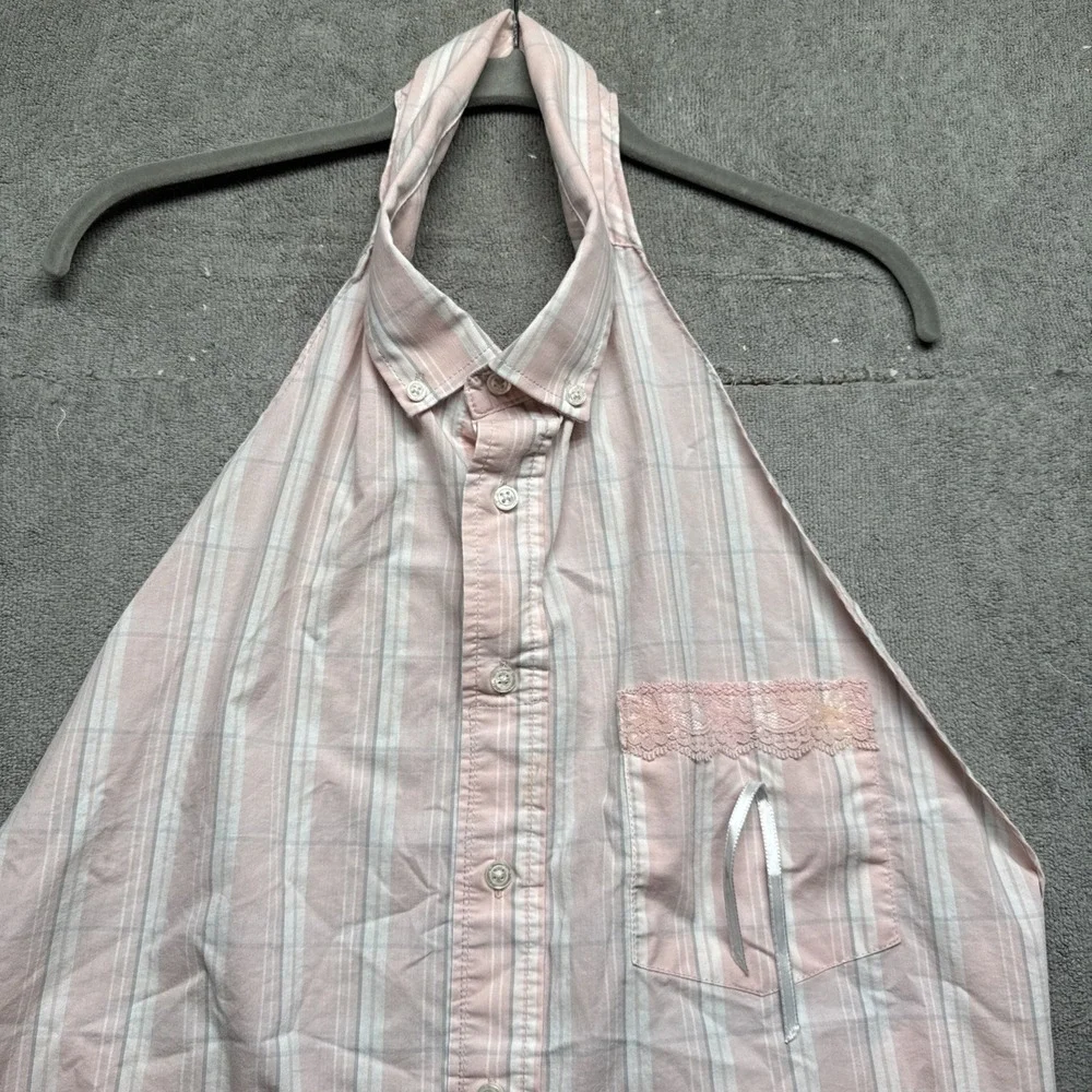 Pink Striped Button Front Halter Apron with Lace Trim‎ Cottagecore Retro Kitchen